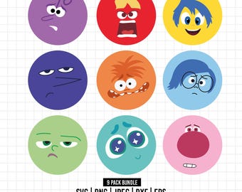 Puede incluir: Una colección de nueve iconos circulares de personajes con diversas expresiones faciales y colores, incluyendo morado, rojo, amarillo, azul oscuro, naranja, azul claro, verde, verde azulado y rosa. El texto inferior dice 9 PACK BUNDLE SVG PNG JPEG DXF EPS WWW.MAGICALSVGPACK.COM.