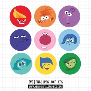 1463 - Emociones de adentro hacia afuera 2 en círculos SVG, EPS, PNG - Inside Out 2 nuevos personajes Clipart Vector.