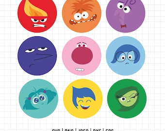 May include: Nine colorful circular icons featuring characters from the animated movie Inside Out. Each icon depicts a different emotion: Joy, Sadness, Anger, Fear, Disgust,  and three additional characters.