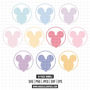 Pode incluir: Um conjunto gráfico digital com dez ícones circulares, cada um contendo a silhueta de uma cabeça de rato em várias cores pastel, incluindo azul, rosa, amarelo e roxo. O texto na parte inferior diz 10 PACK BUNDLE SVG PNG JPEG DXF EPS.