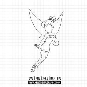 384 - Tinkerbell Silhouette SVG, EPS, PNG - Tinkerbell Doodle Clipart Vektor. Tinkerbell Umriss. Disney Tinker Bell Linie Kunst dtf