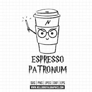 May include: Black and white line art illustration of a coffee cup with a face and a lightning bolt. The text "Espresso Patronum" is below the cup.