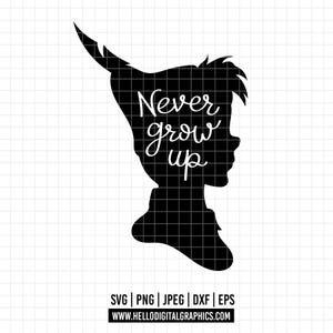 539 - Disney Never Grow Up SVG, PNG, EPs - vecteur clipart Peter Pan. Expressions de Peter Pan svg. Peter Pan dtf. Disney dtf. Silhouette de Peter Pan