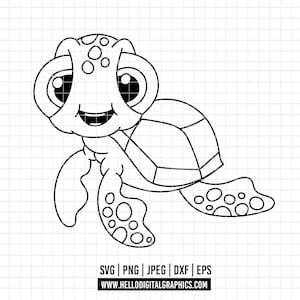 May include: A black and white cartoon illustration of a smiling sea turtle. The turtle has large eyes, a patterned shell, and flippers. The image includes the file types SVG, PNG, JPEG, DXF, and EPS, along with a website address.