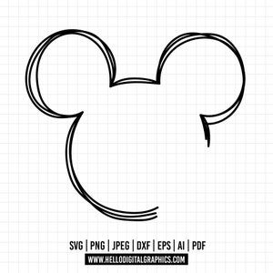 Pode incluir: Um desenho a preto e branco da cabeça do Mickey Mouse. O desenho é simples e estilizado, sendo as orelhas o traço mais destacado.