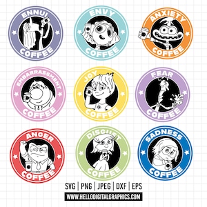 1532 - Inside out coffee pack bundle SVG, EPS, PNG - All the emotions Inside Out 2 Clipart Vector. Characters Inside Out 2 Clipart Vector.