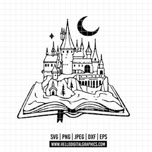 Könnte beinhalten: Schwarz-weiß-Linienzeichnung eines Schlosses auf einem offenen Buch. Das Schloss hat einen Halbmond darüber und einen Stern links. Das Buch ist offen und die Seiten sind gewellt.