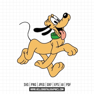 Puede incluir: Una ilustración de dibujos animados de Pluto, un perro amarillo con orejas negras, un collar verde y una lengua larga que sobresale, corriendo hacia la derecha.
