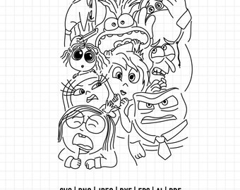 Può includere: Illustrazione in bianco e nero a linea di un gruppo di personaggi dei cartoni animati del film Inside Out. I personaggi sono Gioia, Tristezza, Rabbia, Paura, Disgusto e Bing Bong. I personaggi sono tutti sorridenti e sembrano felici. L'immagine è perfetta per pagine da colorare, artigianato e altri progetti creativi.