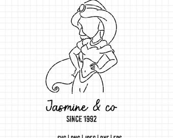 75 - Esquema de la princesa Jasmine SVG, EPS, PNG - Clipart vectorial de la princesa Jasmine de Aladdin, Disney. Imágenes de la princesa Jasmine de Aladdin, Disney, DTF.
