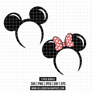 May include: Two black and white mouse ear headbands, one with a red and white polka dot bow. The headbands are for crafting and cut files.