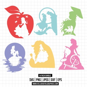 961 - Klassiker Disney Princess Pack Silhouetten SVG, EPS, PNG-Disneey Princess Kontur Clipart Vektor. Tiana, Rapunzel, Belle, Merida dtv
