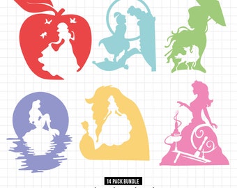 961 - Disneyy Princess silhouettes multicolored pack bundle SVG, EPS, PNG - Little mermaid, Snow White, Tiana, Rapunzel, Belle, Merida dtf
