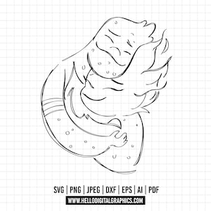 Puede incluir: Un dibujo en blanco y negro de un personaje de dibujos animados con una cabeza grande y un cuerpo pequeño. El personaje está sosteniendo a un personaje más pequeño en sus brazos.