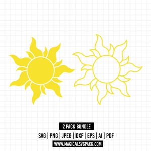 May include: Two yellow sun icons with wavy rays on a white grid background. The left sun is solid yellow, while the right sun is a yellow outline. Text at the bottom reads 2 PACK BUNDLE, SVG, PNG, JPEG, DXF, EPS, AI, PDF, WWW.MAGICALSVGPACK.COM.