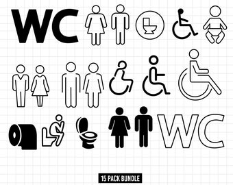 Könnte beinhalten: Ein Satz von 15 schwarz-weißen Symbolen für eine Toilette oder ein Badezimmer. Die Symbole beinhalten eine Toilette, ein Urinal, eine Toilettenpapierrolle, eine Person im Rollstuhl, eine stehende Person, eine sitzende Person und die Buchstaben WC. Der Text "15 PACK BUNDLE" befindet sich am unteren Rand des Bildes, zusammen mit dem Text "SVG | PNG | JPEG | DXF | EPS" und "WWW.HELLODIGITALGRAPHICS.COM".