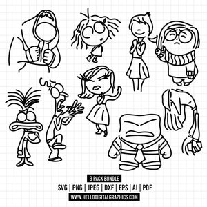 1452 -Inside Out 2 pack bundle SVG, EPS, PNG - emotions sadness, anxiety Inside Out 2 doodle Clipart Vector.