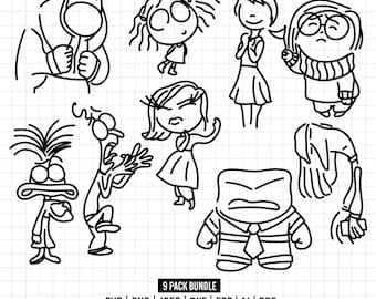 May include: Black and white line art illustrations of nine characters from the animated movie Inside Out. The characters include Joy, Sadness, Anger, Fear, Disgust, Bing Bong, and a character that resembles a cloud.
