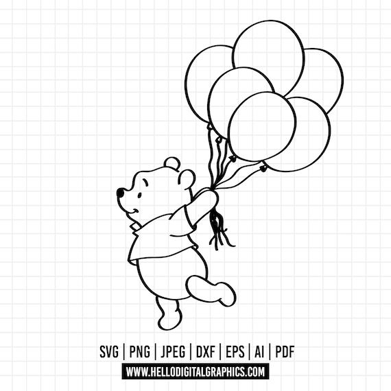 1110 - 風船を持ったくまのプーさんの線画（SVG、EPS、Jpeg、DXF、PNG