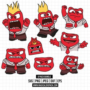 May include: A digital graphic collection featuring eight illustrations of a red, square-shaped character with yellow hair, wearing a white shirt, red tie, and brown trousers. The text 8 PACK BUNDLE SVG | PNG | JPEG | DXF | EPS WWW.MAGICALSVGPACK.COM is at the bottom.