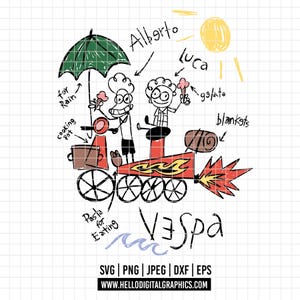 May include: A whimsical illustration of a red Vespa-like vehicle with two cartoon figures holding ice cream cones. The image includes text that says "Alberto", "Luca", "gelato", "blankets", "Pasta for Eating", and "Vespa". A green umbrella is also included.