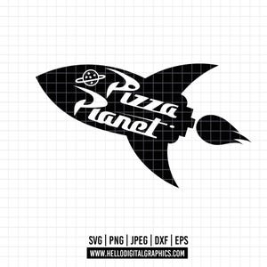 May include: Black and white silhouette of a rocket ship with the words "Pizza Planet" written on the side. A small circle with a star inside is above the words.