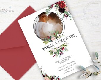 Wedding Invitation Template,Photo Wedding Invitation, Burgundy Wedding Set,Burgundy Invitation, Printable Invitation, Printable Wedding,