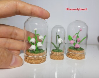 Lily of the Valley in glass dome - Miniature Snowdrop - Amigurumi flower - Dollhouse Decor - Mini flower in a glass dome.