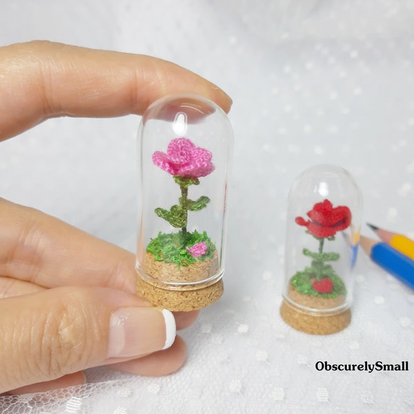 Rose in Glass Dome - Miniature Crochet Rose - Beauty and the Beast Rose - Mini Crocheted Rose