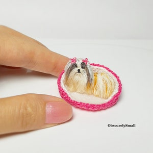 Tiny Crochet Tricolor Shi Tzu and basket - Amigurumi Dog - Made to Order
