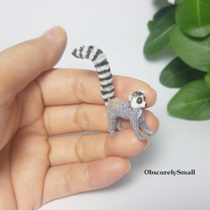 Może przedstawiać: Mały szydełkowy lemur z czarno-białym paskowanym ogonem. Lemur siedzi na dłoni osoby.