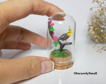 0.5 inch Cockatiel crochet - Miniature Bird crochet in mini glass dome -  Miniature Cockatiel - Tiny crocheted Bird.