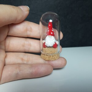 May include: A small, red and white gnome with a white beard is inside a clear glass jar with a cork stopper. The gnome is sitting on a small bed of brown material.