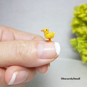 May include: A tiny crocheted yellow chick with orange feet and beak, perched on a finger.