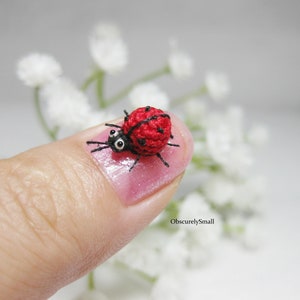 Può includere: Una piccola coccinella all'uncinetto con gambe nere e corpo rosso con punti neri. La coccinella è seduta su un dito.
