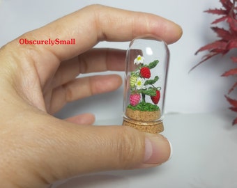 Strawberry - Strawberry in Glass Dome  -Miniature Crochet Strawberry - Mini flower in glass dome