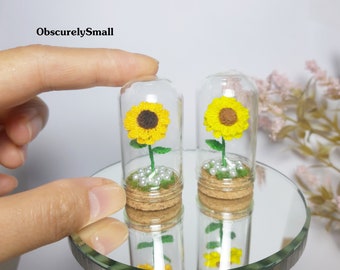 Miniature Sunflower Glass Dome - Miniature Crochet Sunflower - Crochet Flower -  Mini Flower In Glass Dome