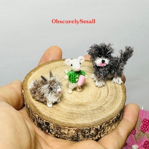 Tiny Crochet Animals: Maltese Dog, Rabbit, Mouse - Miniature Figurines