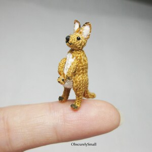 May include: A small crocheted kangaroo with a joey in its pouch. The kangaroo is brown and white, and the joey is white. The kangaroo is standing on a finger.