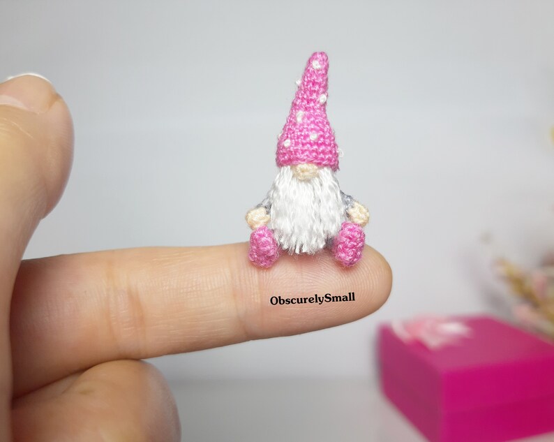 May include: A tiny crocheted gnome with a pink hat with white polka dots, a white beard, and pink shoes. The gnome is sitting on a finger.