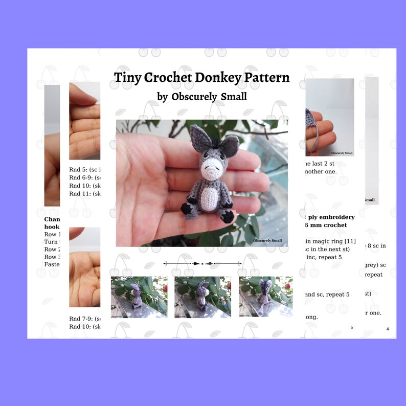 Puede incluir: Un patr&oacute;n de crochet para un peque&ntilde;o juguete amigurumi de burro. El patr&oacute;n est&aacute; escrito en ingl&eacute;s e incluye instrucciones para hacer la cabeza, el cuerpo, las patas y la cola del burro. El patr&oacute;n tambi&eacute;n incluye instrucciones para bordar los ojos, la nariz y la boca del burro.