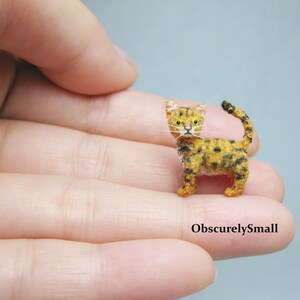 Pu&ograve; includere: Una piccola figurina di gatto tigrato marrone e nero all'uncinetto con occhi gialli. La figurina &egrave; seduta sulla mano di una persona.