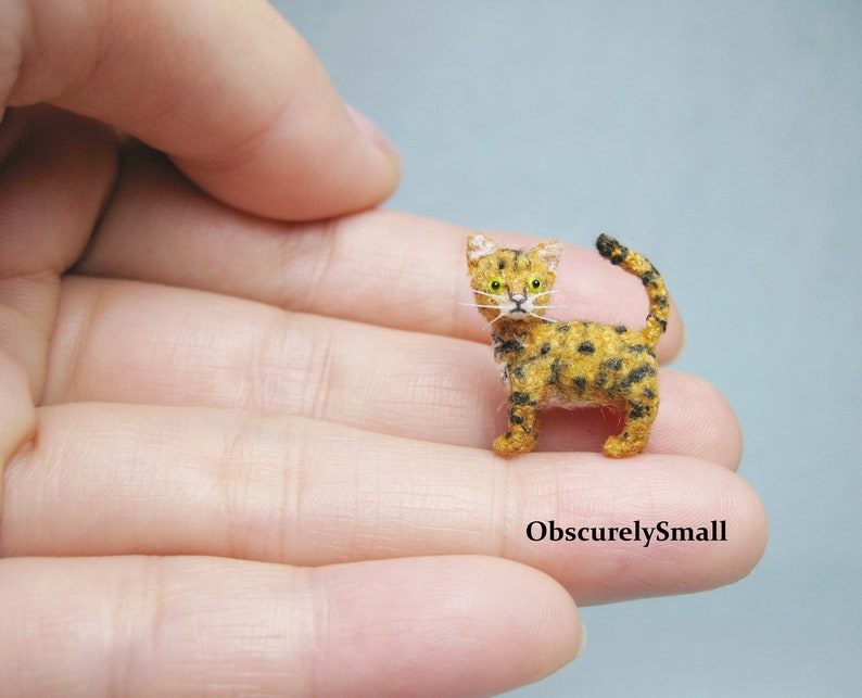 Pu&ograve; includere: Una piccola figurina di gatto tigrato marrone e nero all'uncinetto con occhi gialli. La figurina &egrave; seduta sulla mano di una persona.