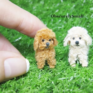 May include: Two miniature crocheted poodle dogs, one brown and one white, are sitting on a green grassy surface. The text "ObscurelySmall" is visible in the background.