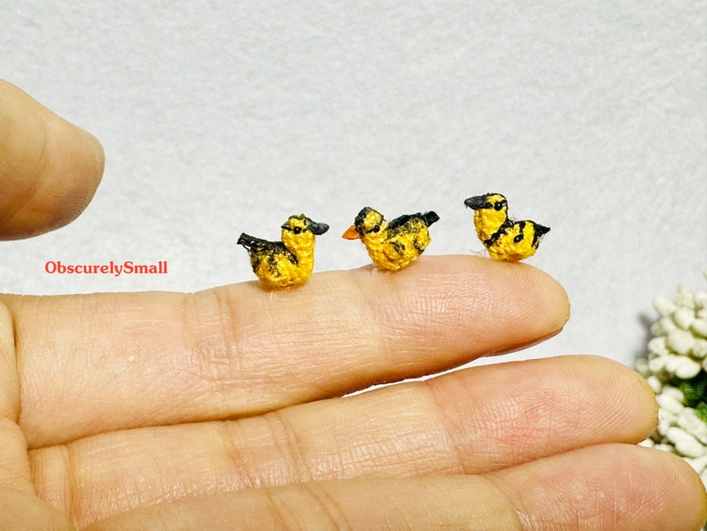 Op de afbeelding: Drie kleine gebreide gele en zwarte vogels zitten op een vinger. De vogels zijn erg klein, ongeveer zo groot als een vingernagel.