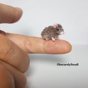 May include: A small, gray crocheted mouse with pink ears. The mouse is sitting on a finger.