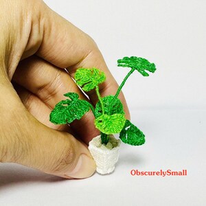May include: A small, crocheted plant with green leaves in a white pot. The plant is a miniature version of a Monstera Deliciosa.