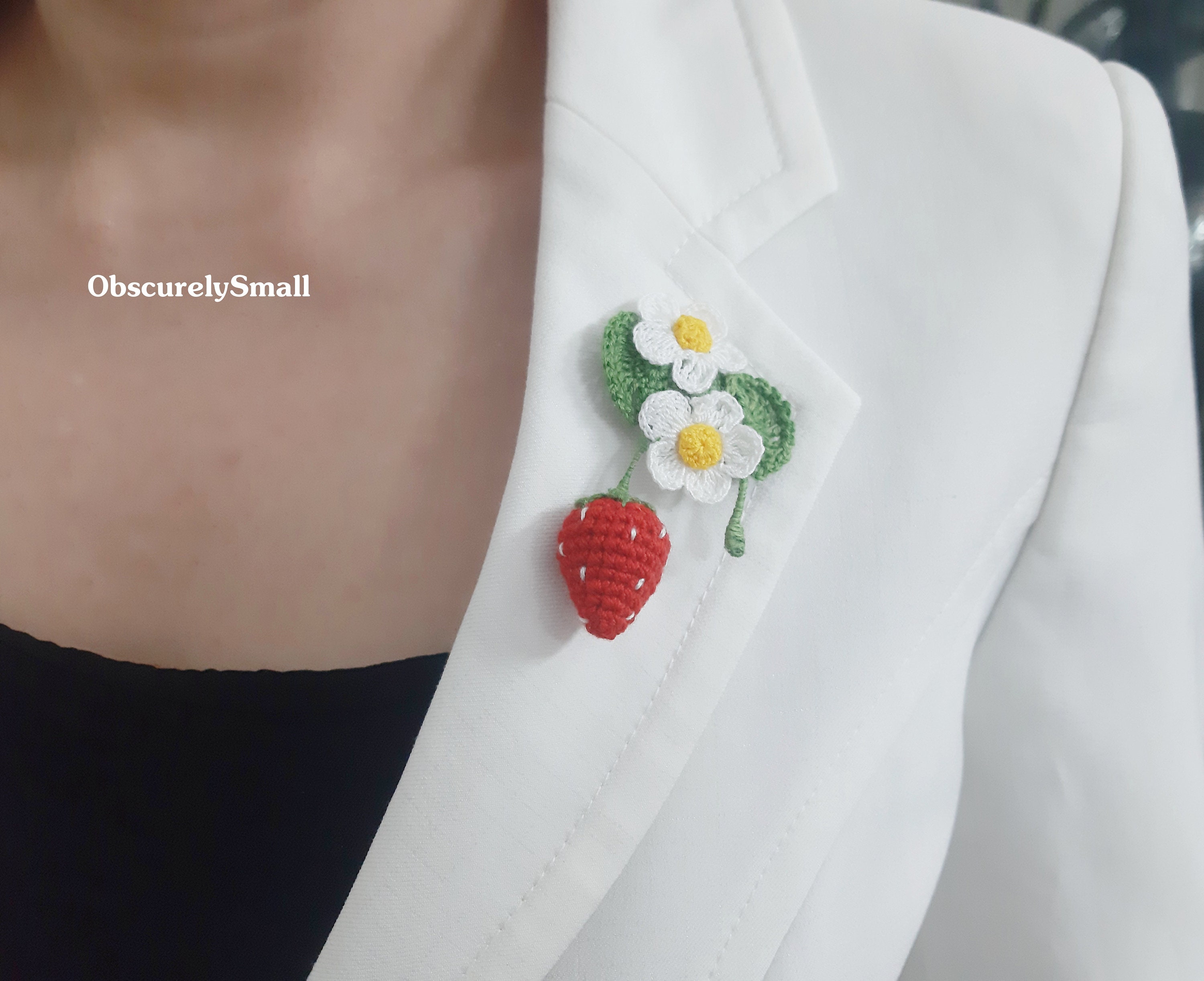 Handmade Crochet Strawberry Brooch With Freesia Flower - Etsy