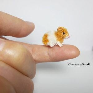 May include: A tiny crocheted hamster with brown and white fur, sitting on a finger. The hamster has a pink nose and small black eyes.