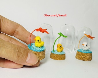 Mini Crochet Duck, Crocheted Tiny Duckling in Glass Dome: Miniature Amigurumi Made to Order